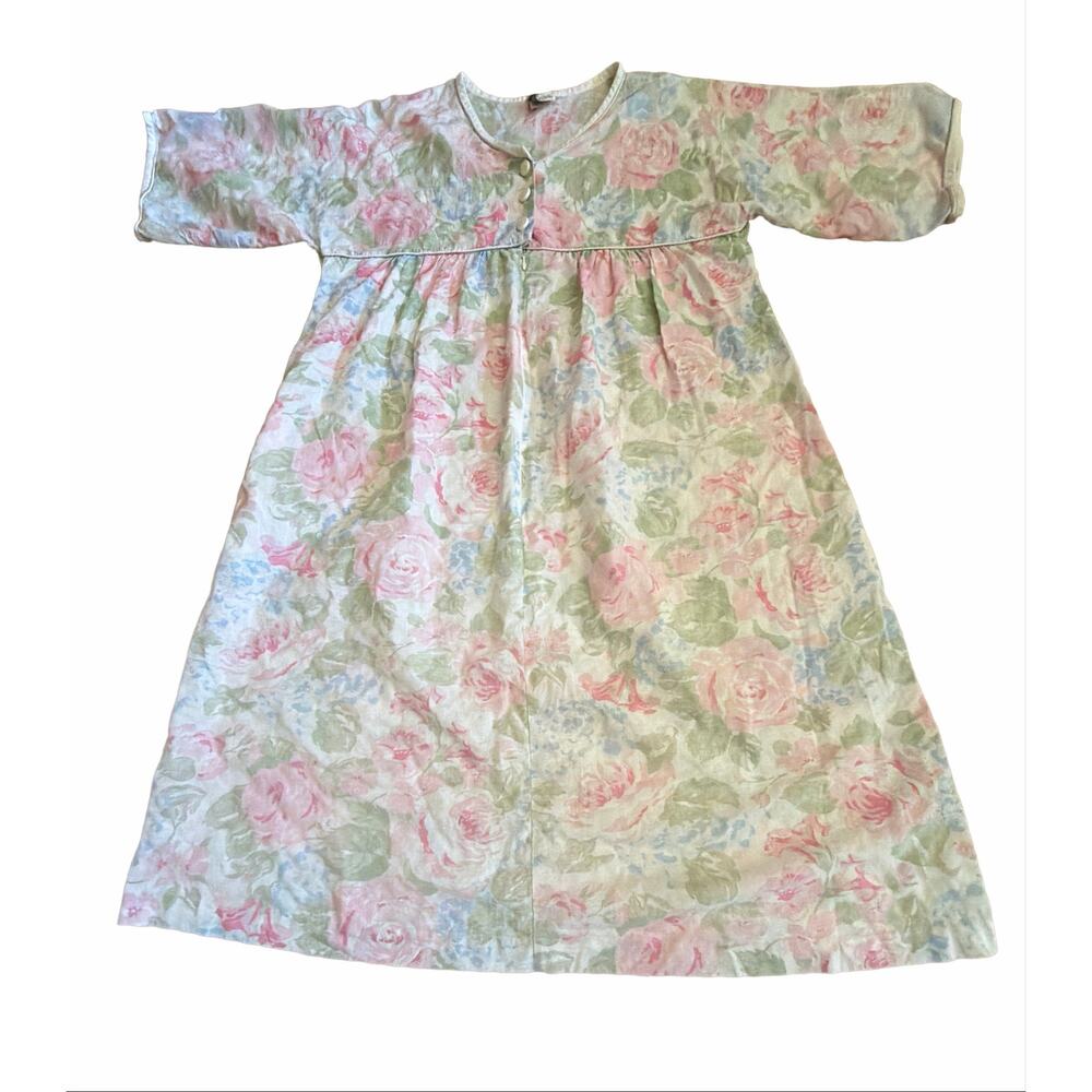 Vintage 80s Appel Floral House Dress Robe Pink Rose Cottagecore Gown Duster L/XL
